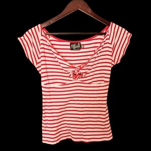 Hell Bunny Red and White Striped Short Sleeve Top